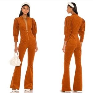 WEWOREWHAT corduroy Orange Jumpsuit with Puff Sleeves